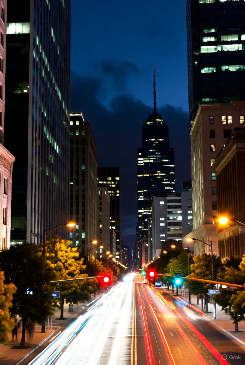 Night cityscape with neon reflections and light trails