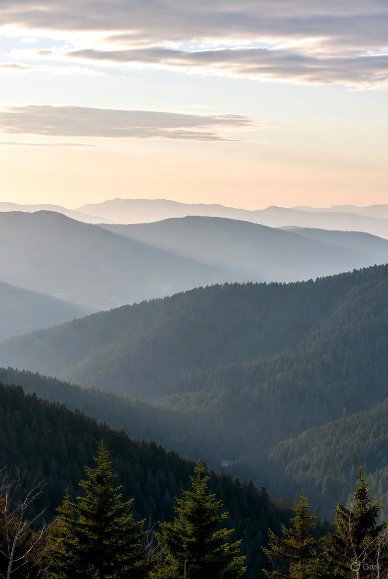 Mountain panorama at sunrise with warm light and low clouds