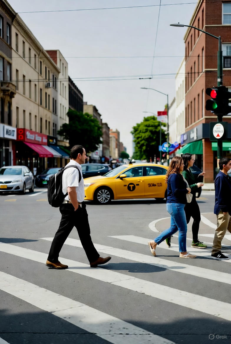 Street scene at a crosswalk with a yellow cab